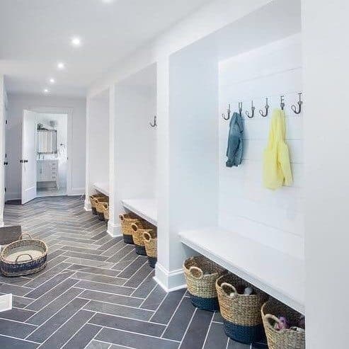 Pattern Tile With White Bench Mudroom Ideas