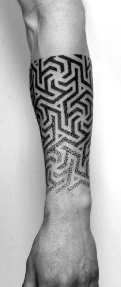 Pattern Unique Shapes Guys All Black Dotwork Forearm Tattoo