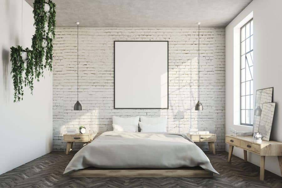 modern minimalist white bedroom low hanging lights