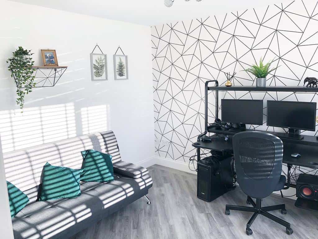 pattern bedroom wallpaper modern study black desk gray couch