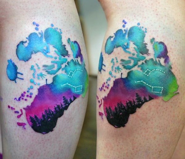 Paw Print Northern Lights Tattoo Design For Men Watercolor