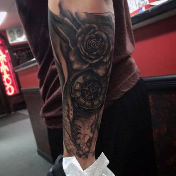 Pencil Art Rose And Pocket Watch Tattoo Forearms Men