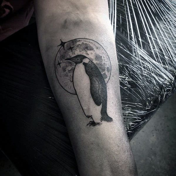 Penguin With Moon Mens Inner Forearm Tattoo