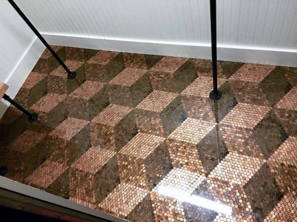 3D cube penny floor design with a glossy epoxy finish.