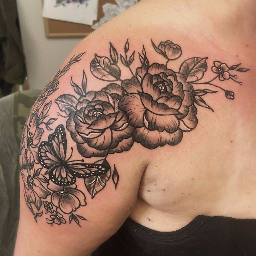 peony flower shoulder tattoo liekdoro