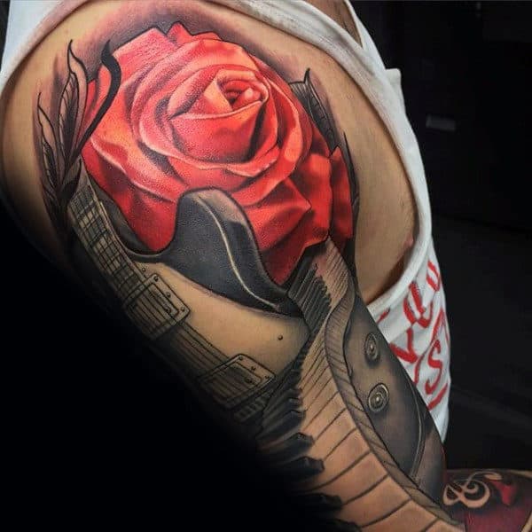 Piano Keys With Red Rose Flower And Guitar Mens Full Music Sleeve Tattoo Designs