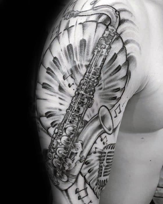 Piano With Saxophone Mens Half Sleeve Tattoos