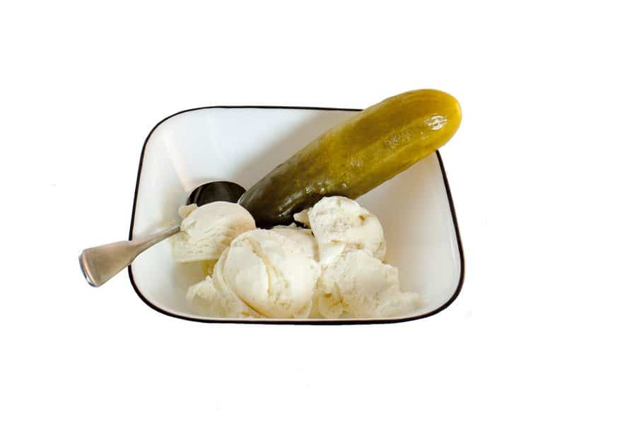 pickle and ice cream in a bowl