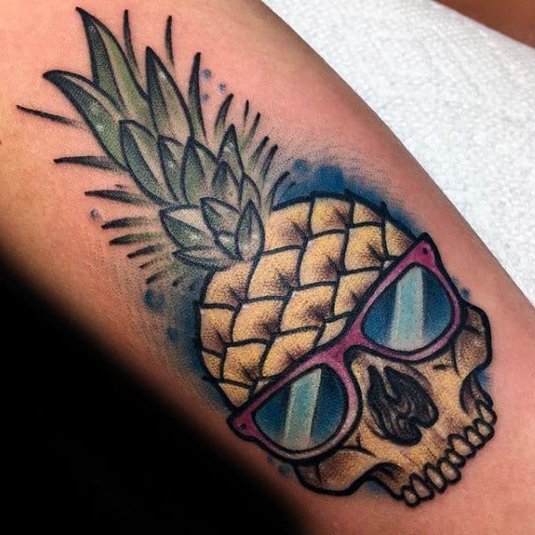 Pinapple With Skull And Glasses Guys Arm Tattoo