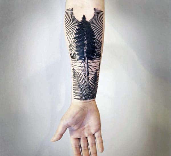 Pine Tree Woodcut Sleeve Tattoos For Guys