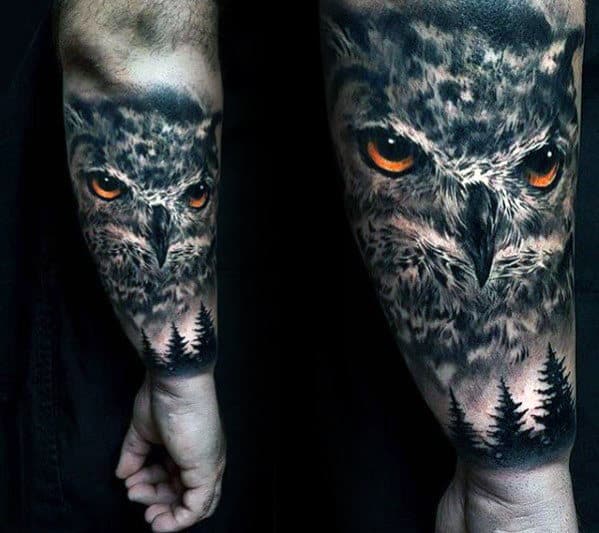 Pine Trees And Owl With Orange Eyes Guys Realistic Outer Forearm Tattoo