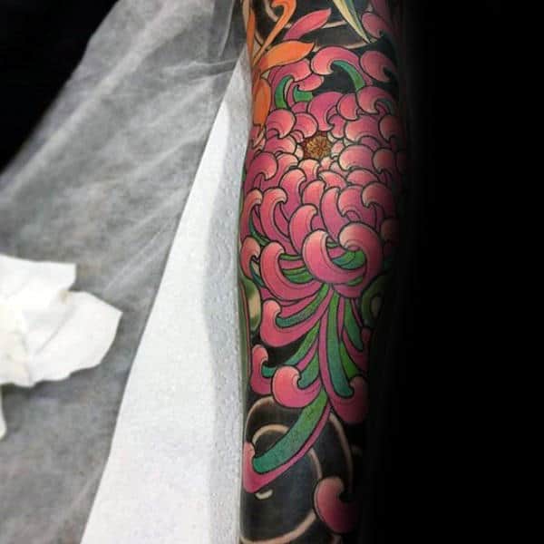 Pink Chrysanthemum Mens Flower Sleeve Tattoo Ideas