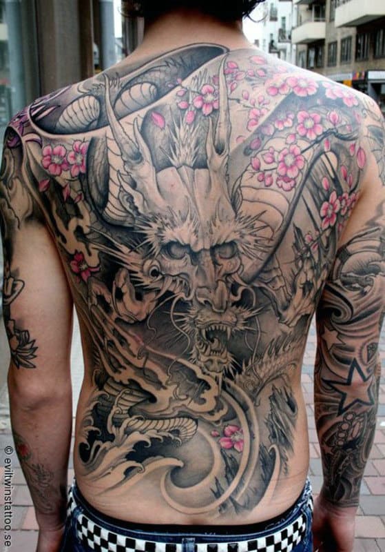 Pink Floral Male Full Back Dragon Tattoos