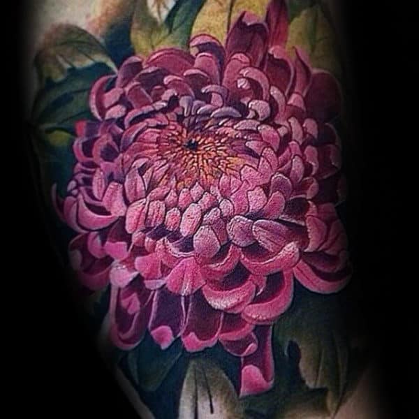 Pink Realistic Chrysanthemum Flower Tattoos For Men On Arm