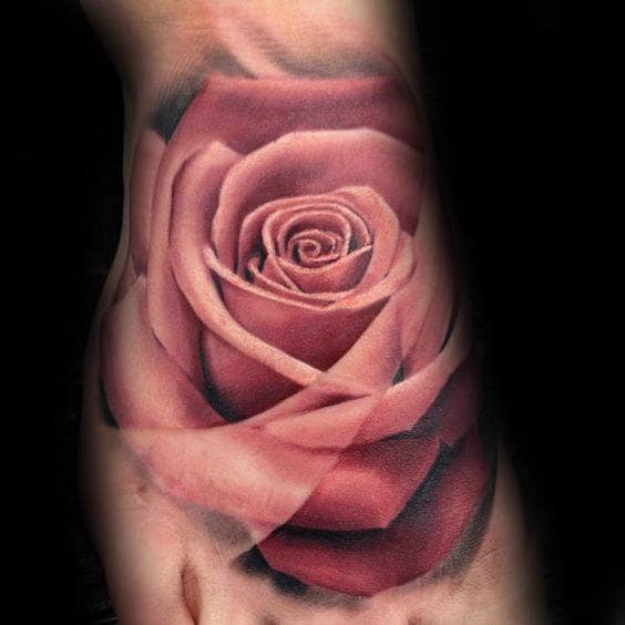 Pink Realistic Rose Foot Tattoos For Guys