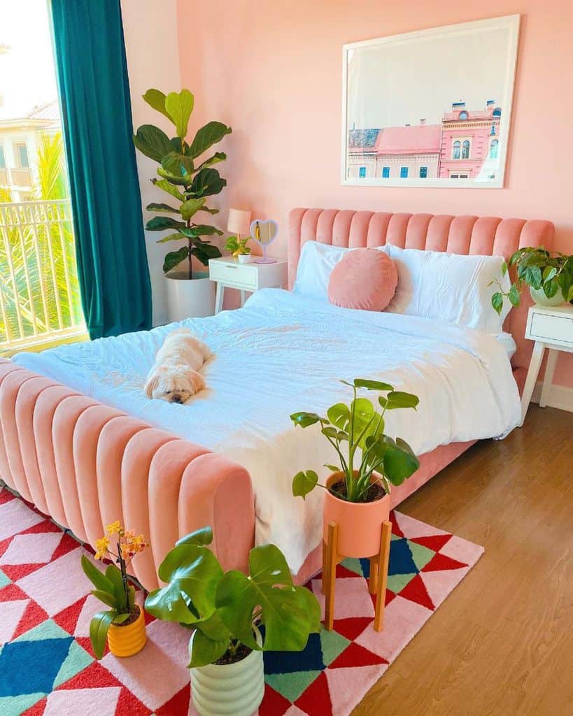 pink teen girl apartment bedroom with pot plants