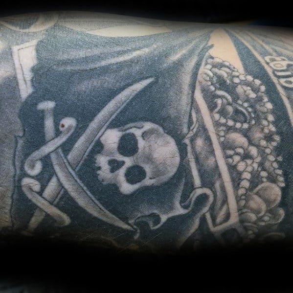 Pirate Flag Guys Inner Arm Treasure Chest Tattoo