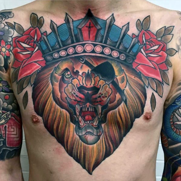 Pirate Head Traditional Lion Mens Upper Chest Tattoos