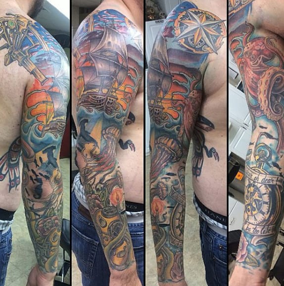Pirate Ship Sleeve Tattoo Designs For Guys