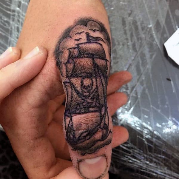 Pirate Ship Thumb Male Tattoo Ideas