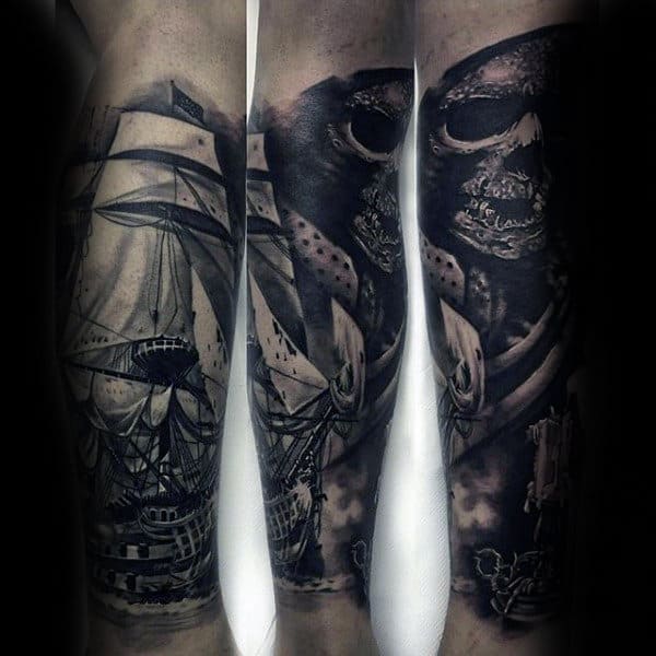 Pirate Themed Ship Black Ink Forearm Sleeve Male Tattoos
