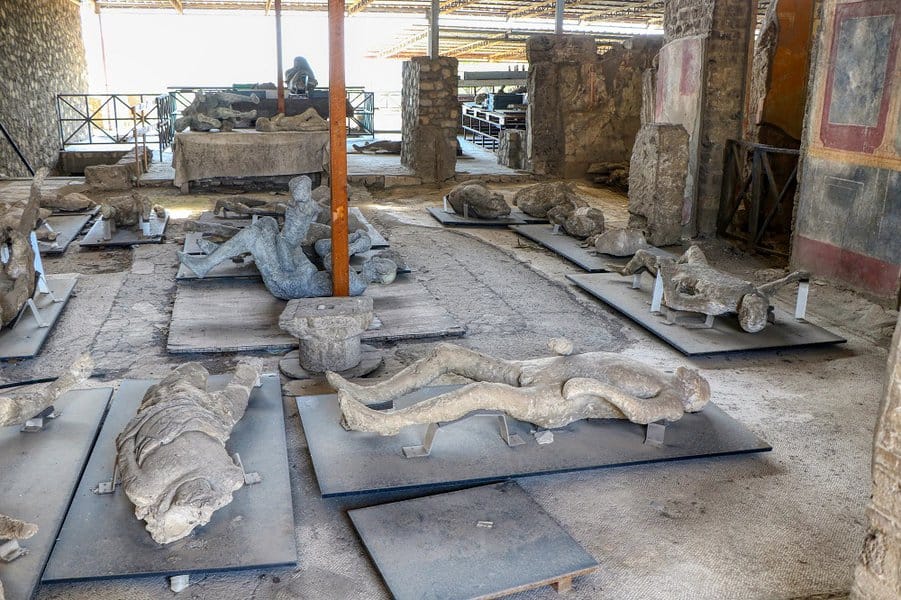 plaster casts of the bodies buried in ash during the eruption of the volcano Vesuvius