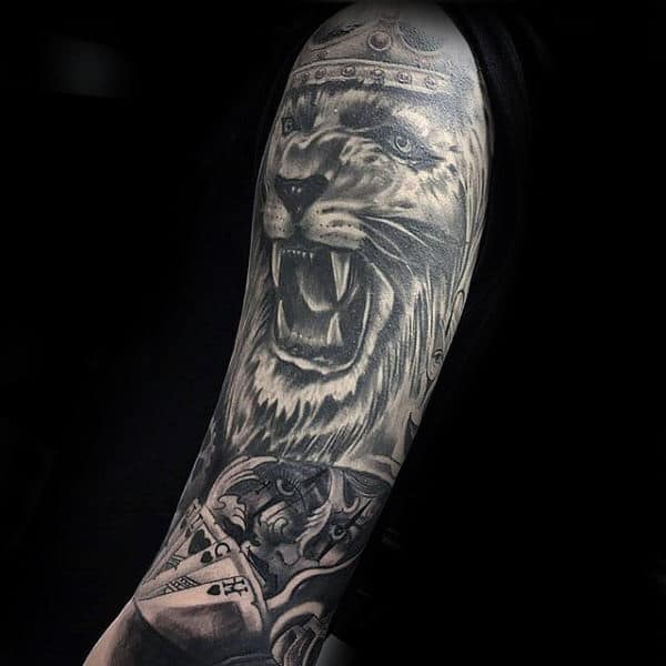 Playing Cards Lion With Crown Mens Full Sleeve Tattoos