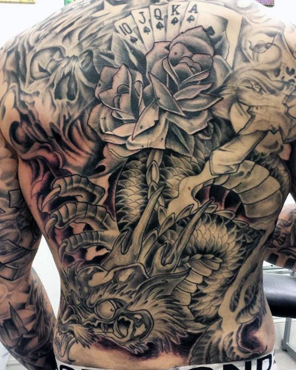 Playing Cards With Dragon Mens Full Back Tattoos