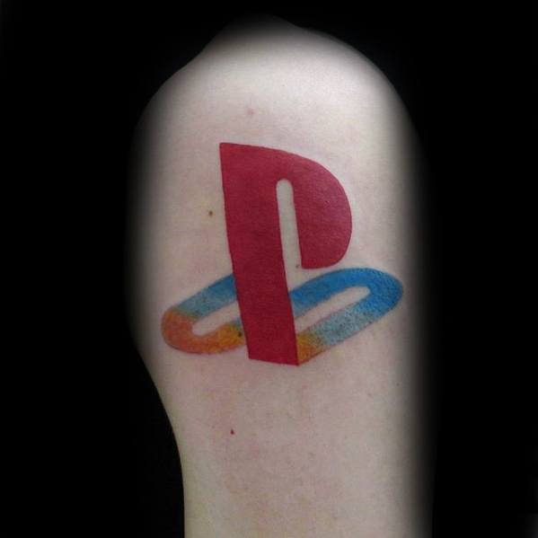 Playstation Logo Upper Arm Tattoo Design On Man