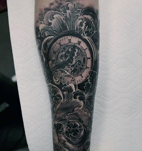 Pocket Watch Detailed Tattoo Forearm Sleeve For Guys