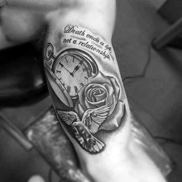 Pocket Watch Life Death Quote Tattoo With Rose Flower And Dove On Mans Bicep Inner Arm