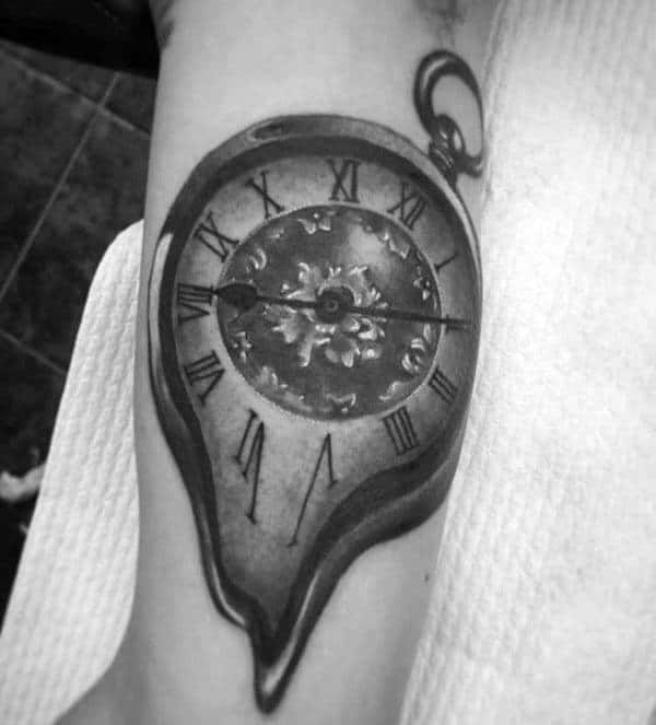 Pocket Watch Melting Clock Male Tattoo On Arm