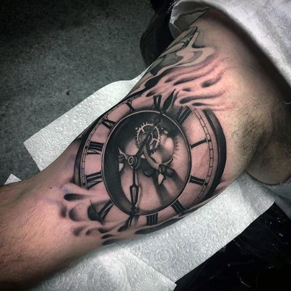 Pocket Watch On Flames Tattoo Forearms Guys