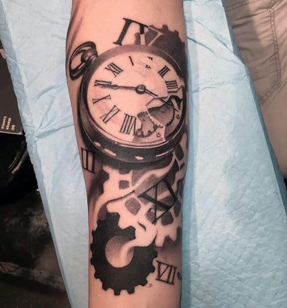 Pocket Watch Tattoo For Men With Gears On Forearm