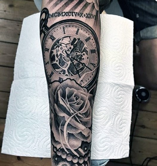 Pocket Watch Tattoo With Roses And Pearl Strings Tattoo On Forearms Men