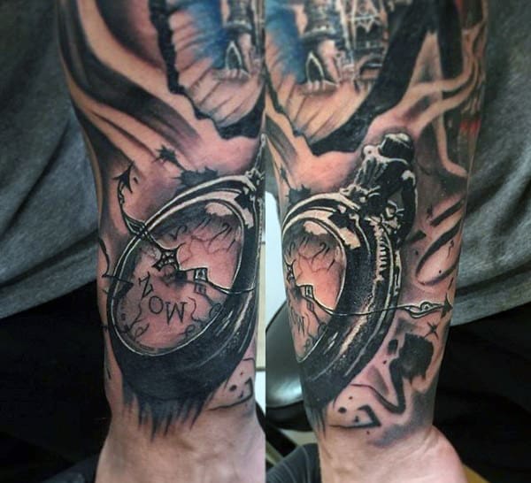 Pocket Watch Tattoo With Unique Pattern On Forearms Males
