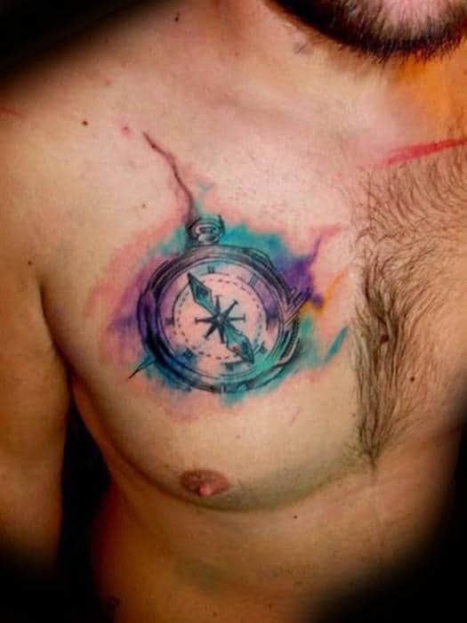 Pocket Watch Watercolor Compass Guys Chest Tattoo