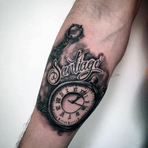 pocket watch with santiago kids name mens inner forearm tattoo