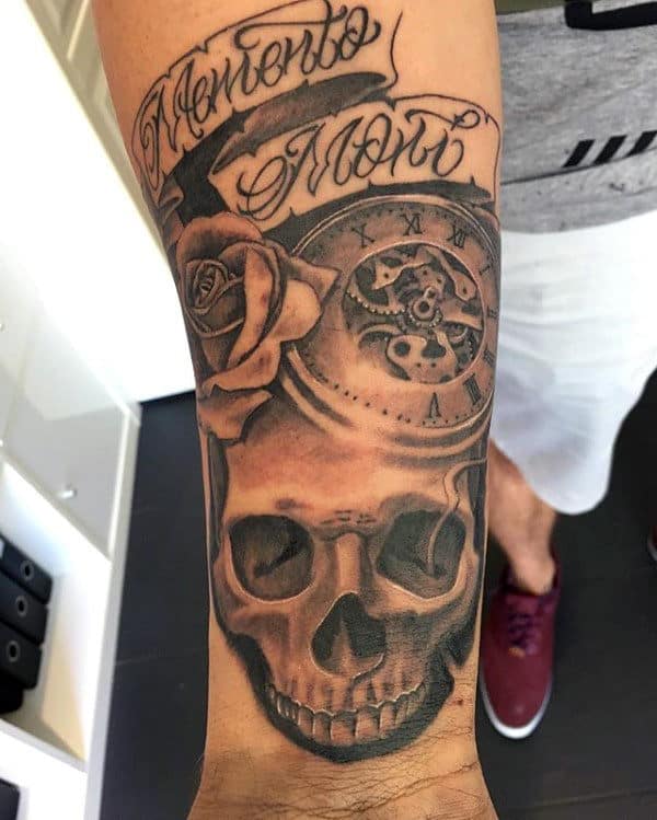Pocket Watch With Skull And Memento Mori Banner Mens Inner Forearm Tattoos
