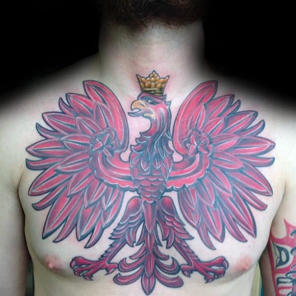 Polish Eagle Red Ink Male Upper Chest Tattoos