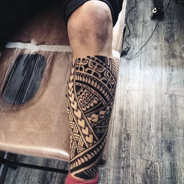 Polynesian Awesome Male Tribal Leg Tattoo