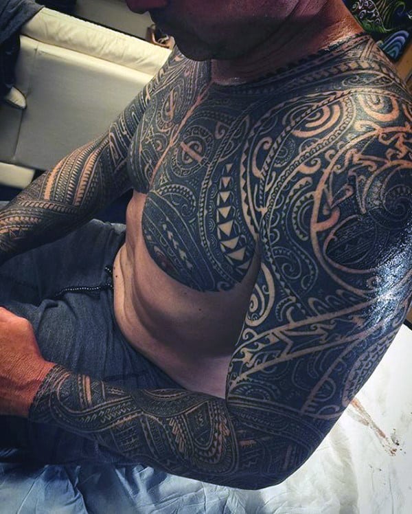 Polynesian Chest And Sleeve Mens Tattoos