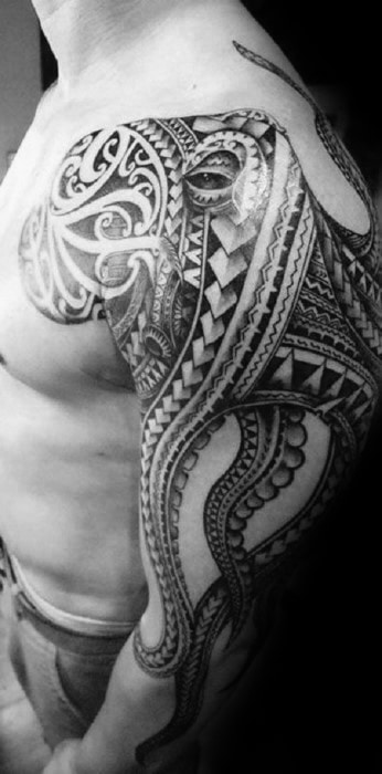 Polynesian Octopus Tribal Mens Arm And Shoulder Tattoo