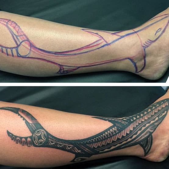 Polynesian Shark Tribal Foot And Leg Tattoos For Men