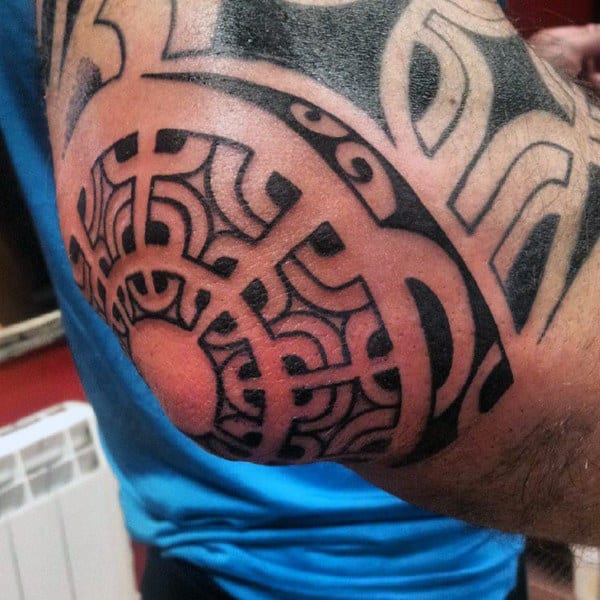 Polynesian Tribal Elbow Tattoo For Men