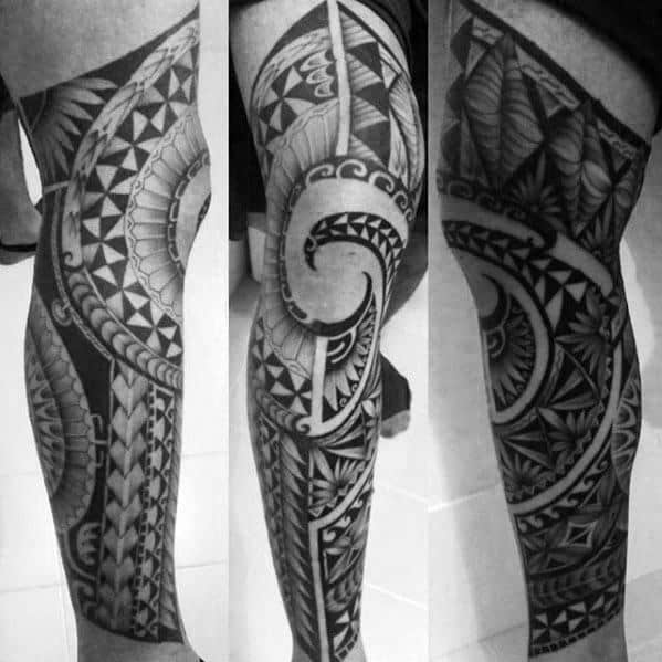 Polynesian Tribal Leg Tattoo For Men With Negative Space Knee Cap Design