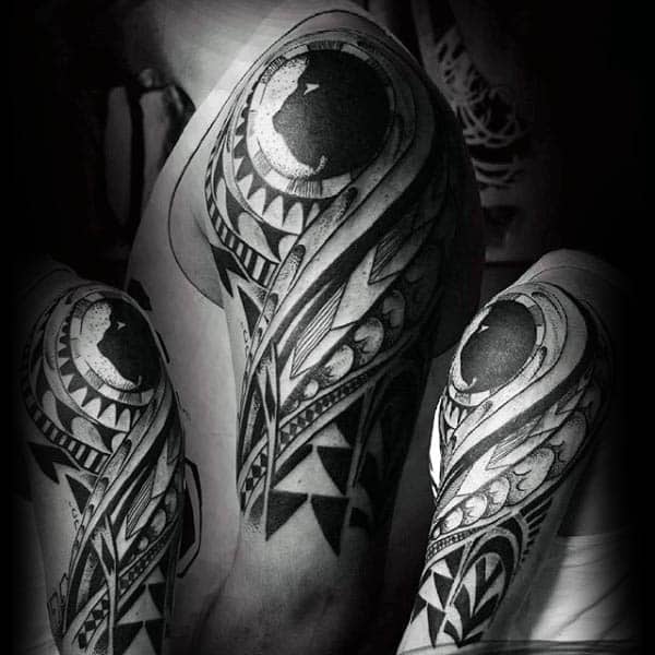 Polynesian Tribal Lion Silhouette Half Sleeve Tattoo For Men