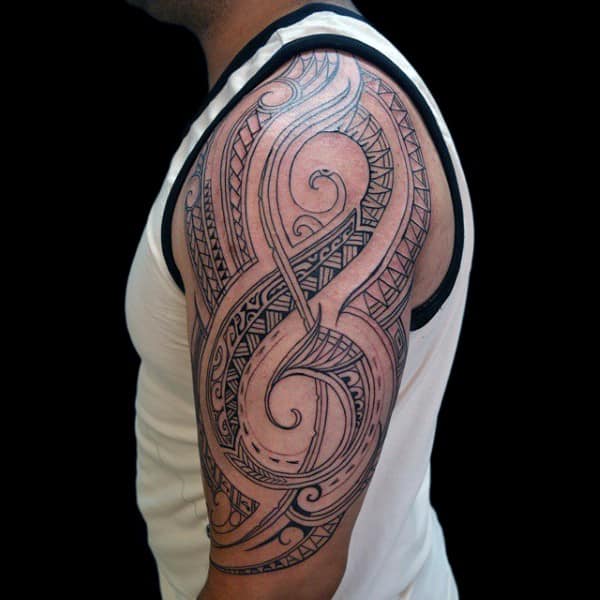 Polynesian Tribal Music Note Half Sleeve Tattoos For Guys