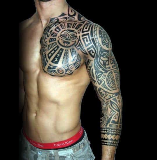 Polynesian Tribal Sun Full Sleeve Tattoos For Males