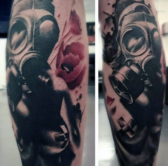 Poppy Flower Gas Mask Guys Tattoo On Leg